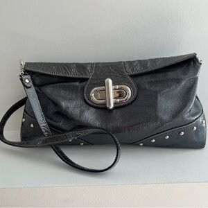 NUOVEDIVE Genuine Leather Made Italy Grey-Green Patent Stud Detail Shoulder Bag